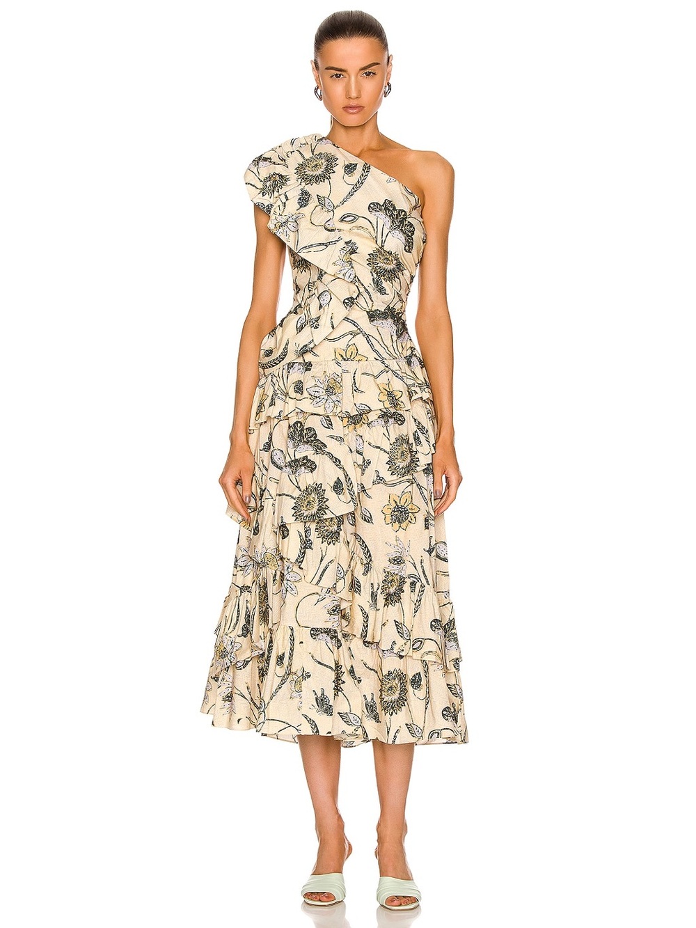 ULLA JOHNSON | Ondine One-Shoulder Ruffle Dress in Lemonbalm
